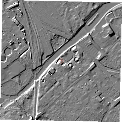 Shaded relief map of the ground around MK429GQ, computed from Environment Agency LiDAR. The ground here sits at about 27 m above sea level and falls 9 m across the surrounding 800 m. Surface water reaching this point runs off ground lying to the south-south-west, 5.3 m higher.