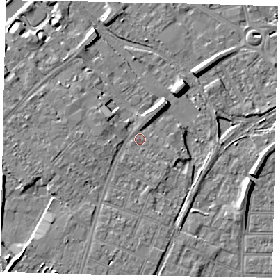 Shaded relief map of the ground around MK429HE, computed from Environment Agency LiDAR. The ground here sits at about 27 m above sea level and falls 10 m across the surrounding 800 m. Surface water reaching this point runs off ground lying to the south-west, 3.5 m higher.