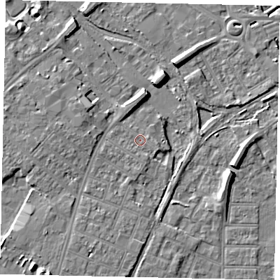 Shaded relief map of the ground around MK429HF, computed from Environment Agency LiDAR. The ground here sits at about 27 m above sea level and falls 11 m across the surrounding 800 m. Surface water reaching this point runs off ground lying to the east-south-east, 1.1 m higher.
