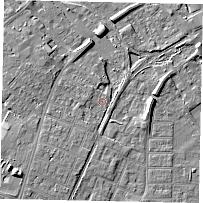 Shaded relief map of the ground around MK429QB, computed from Environment Agency LiDAR. The ground here sits at about 27 m above sea level and falls 10 m across the surrounding 800 m. Surface water reaching this point runs off ground lying to the west-south-west, 3.3 m higher.
