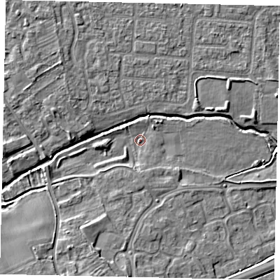 Shaded relief map of the ground around MK429XA, computed from Environment Agency LiDAR. The ground here sits at about 28 m above sea level and falls 6 m across the surrounding 800 m. Surface water reaching this point runs off ground lying to the south-south-west, 4.2 m higher.