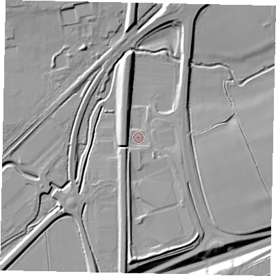 Shaded relief map of the ground around MK429XF, computed from Environment Agency LiDAR. The ground here sits at about 30 m above sea level and falls 12 m across the surrounding 800 m. Surface water reaching this point runs off ground lying to the south-east, 3.0 m higher.