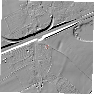 Shaded relief map of the ground around MK429YL, computed from Environment Agency LiDAR. The ground here sits at about 31 m above sea level and falls 10 m across the surrounding 800 m. Surface water reaching this point runs off ground lying to the south, 0.8 m higher.