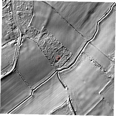 Shaded relief map of the ground around MK429YS, computed from Environment Agency LiDAR. The ground here sits at about 29 m above sea level and falls 7 m across the surrounding 800 m. Surface water reaching this point runs off ground lying to the west-north-west, 3.0 m higher.