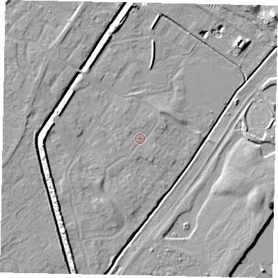 Shaded relief map of the ground around MK430DD, computed from Environment Agency LiDAR. The ground here sits at about 39 m above sea level and falls 9 m across the surrounding 800 m. Surface water reaching this point runs off ground lying to the north-west, 1.0 m higher.