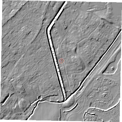 Shaded relief map of the ground around MK430ED, computed from Environment Agency LiDAR. The ground here sits at about 40 m above sea level and falls 7 m across the surrounding 800 m. Surface water reaching this point runs off ground lying to the west-north-west, 3.0 m higher.