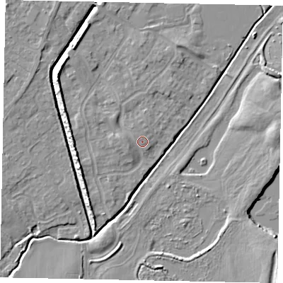 Shaded relief map of the ground around MK430FB, computed from Environment Agency LiDAR. The ground here sits at about 40 m above sea level and falls 8 m across the surrounding 800 m. The ground contributing surface water to this point lies to the north-north-west.