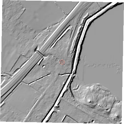 Shaded relief map of the ground around MK430LE, computed from Environment Agency LiDAR. The ground here sits at about 39 m above sea level and falls 9 m across the surrounding 800 m. Surface water reaching this point runs off ground lying to the north-west, 2.3 m higher.
