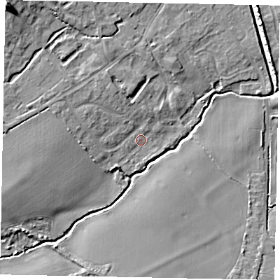 Shaded relief map of the ground around MK430PD, computed from Environment Agency LiDAR. The ground here sits at about 41 m above sea level and falls 14 m across the surrounding 800 m. Surface water reaching this point runs off ground lying to the west-south-west, 4.8 m higher.