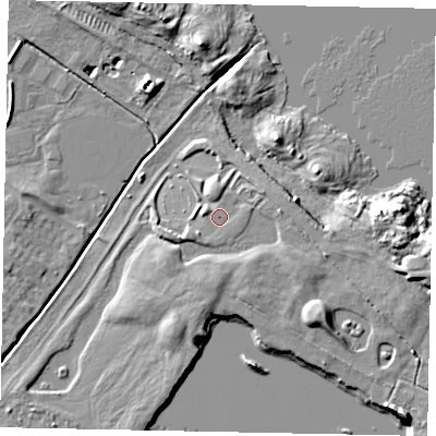 Shaded relief map of the ground around MK430PR, computed from Environment Agency LiDAR. The ground here sits at about 40 m above sea level and falls 11 m across the surrounding 800 m. Surface water reaching this point runs off ground lying to the east-south-east, 0.5 m higher.