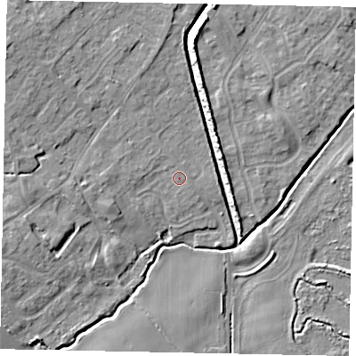 Shaded relief map of the ground around MK430PS, computed from Environment Agency LiDAR. The ground here sits at about 40 m above sea level and falls 8 m across the surrounding 800 m. The ground contributing surface water to this point lies to the north.