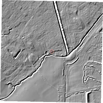 Shaded relief map of the ground around MK430QY, computed from Environment Agency LiDAR. The ground here sits at about 40 m above sea level and falls 7 m across the surrounding 800 m. Surface water reaching this point runs off ground lying to the north, 0.9 m higher.