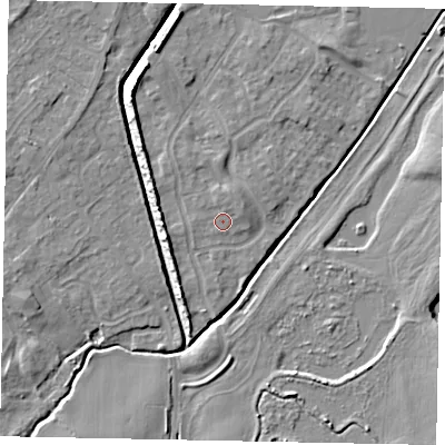 Shaded relief map of the ground around MK430UX, computed from Environment Agency LiDAR. The ground here sits at about 40 m above sea level and falls 7 m across the surrounding 800 m. Surface water reaching this point runs off ground lying to the north-north-east, 0.9 m higher.