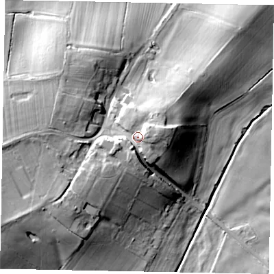 Shaded relief map of the ground around MK430UY, computed from Environment Agency LiDAR. The ground here sits at about 101 m above sea level and falls 26 m across the surrounding 800 m. Surface water reaching this point runs off ground lying to the east, 5.0 m higher.