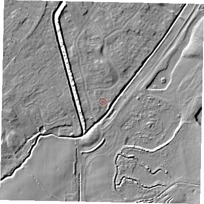 Shaded relief map of the ground around MK430WD, computed from Environment Agency LiDAR. The ground here sits at about 40 m above sea level and falls 7 m across the surrounding 800 m. Surface water reaching this point runs off ground lying to the west-south-west, 1.0 m higher.