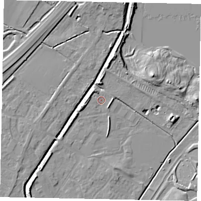 Shaded relief map of the ground around MK430WE, computed from Environment Agency LiDAR. The ground here sits at about 38 m above sea level and falls 9 m across the surrounding 800 m. Surface water reaching this point runs off ground lying to the west-south-west, 3.2 m higher.