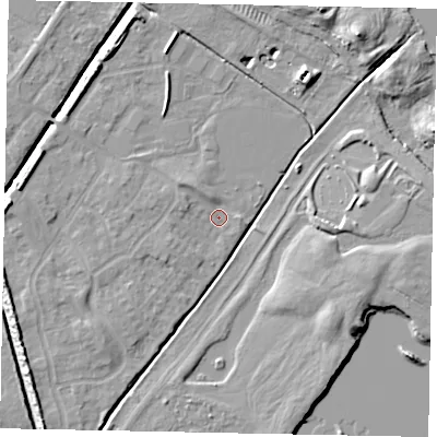 Shaded relief map of the ground around MK430WJ, computed from Environment Agency LiDAR. The ground here sits at about 38 m above sea level and falls 9 m across the surrounding 800 m. Surface water reaching this point runs off ground lying to the north-west, 2.1 m higher.