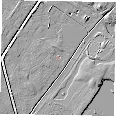 Shaded relief map of the ground around MK430WX, computed from Environment Agency LiDAR. The ground here sits at about 38 m above sea level and falls 9 m across the surrounding 800 m. Surface water reaching this point runs off ground lying to the west, 1.9 m higher.