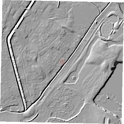 Shaded relief map of the ground around MK430WY, computed from Environment Agency LiDAR. The ground here sits at about 39 m above sea level and falls 9 m across the surrounding 800 m. Surface water reaching this point runs off ground lying to the west-north-west, 7.2 m higher.