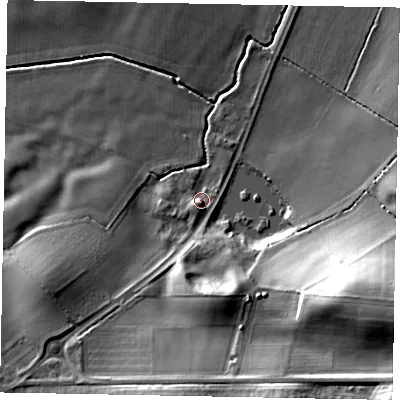 Shaded relief map of the ground around MK430XF, computed from Environment Agency LiDAR. The ground here sits at about 83 m above sea level and falls 29 m across the surrounding 800 m. Surface water reaching this point runs off ground lying to the south, 3.7 m higher.