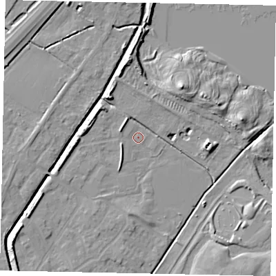 Shaded relief map of the ground around MK430XT, computed from Environment Agency LiDAR. The ground here sits at about 38 m above sea level and falls 9 m across the surrounding 800 m. Surface water reaching this point runs off ground lying to the west, 3.7 m higher.