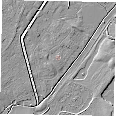 Shaded relief map of the ground around MK430YS, computed from Environment Agency LiDAR. The ground here sits at about 40 m above sea level and falls 8 m across the surrounding 800 m. The ground contributing surface water to this point lies to the west-south-west.