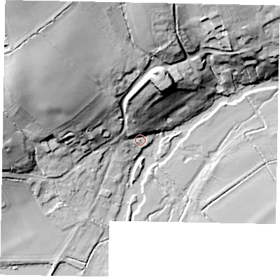 Shaded relief map of the ground around MK437AT, computed from Environment Agency LiDAR. The ground here sits at about 42 m above sea level and falls 33 m across the surrounding 800 m. Surface water reaching this point runs off ground lying to the north-north-west, 13.6 m higher.