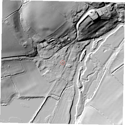 Shaded relief map of the ground around MK437AU, computed from Environment Agency LiDAR. The ground here sits at about 43 m above sea level and falls 33 m across the surrounding 800 m. Surface water reaching this point runs off ground lying to the north-north-west, 25.4 m higher.