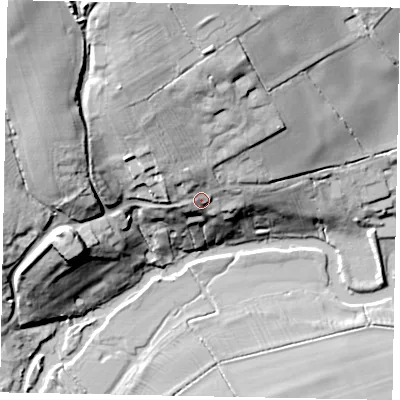 Shaded relief map of the ground around MK437BB, computed from Environment Agency LiDAR. The ground here sits at about 53 m above sea level and falls 37 m across the surrounding 800 m. Surface water reaching this point runs off ground lying to the north-north-west, 16.2 m higher.