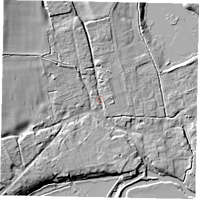 Shaded relief map of the ground around MK437BG, computed from Environment Agency LiDAR. The ground here sits at about 45 m above sea level and falls 14 m across the surrounding 800 m. Surface water reaching this point runs off ground lying to the north-north-west, 6.0 m higher.
