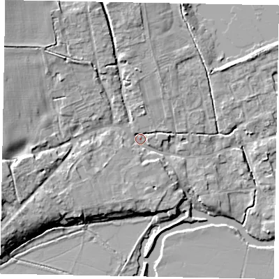 Shaded relief map of the ground around MK437BH, computed from Environment Agency LiDAR. The ground here sits at about 45 m above sea level and falls 11 m across the surrounding 800 m. Surface water reaching this point runs off ground lying to the north-west, 7.0 m higher.