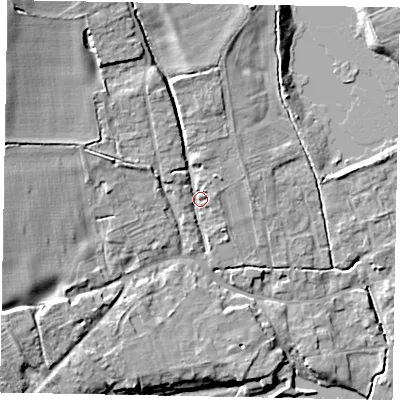 Shaded relief map of the ground around MK437BW, computed from Environment Agency LiDAR. The ground here sits at about 46 m above sea level and falls 14 m across the surrounding 800 m. Surface water reaching this point runs off ground lying to the north-west, 9.7 m higher.