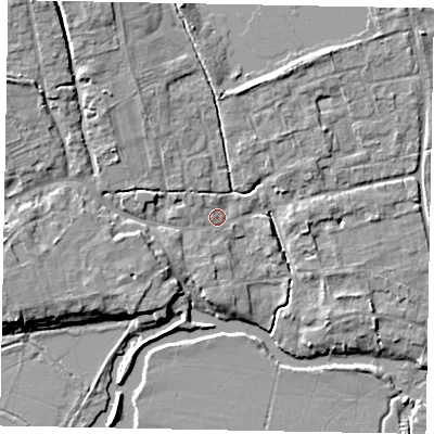 Shaded relief map of the ground around MK437DA, computed from Environment Agency LiDAR. The ground here sits at about 44 m above sea level and falls 9 m across the surrounding 800 m. Surface water reaching this point runs off ground lying to the north-west, 5.9 m higher.