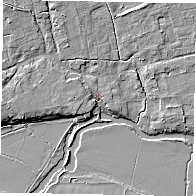 Shaded relief map of the ground around MK437DB, computed from Environment Agency LiDAR. The ground here sits at about 43 m above sea level and falls 9 m across the surrounding 800 m. Surface water reaching this point runs off ground lying to the west-south-west, 4.6 m higher.