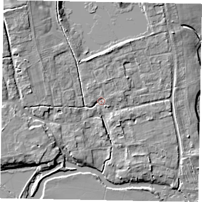Shaded relief map of the ground around MK437DF, computed from Environment Agency LiDAR. The ground here sits at about 44 m above sea level and falls 9 m across the surrounding 800 m. Surface water reaching this point runs off ground lying to the north-west, 6.2 m higher.