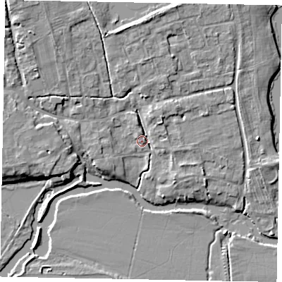 Shaded relief map of the ground around MK437DG, computed from Environment Agency LiDAR. The ground here sits at about 43 m above sea level and falls 8 m across the surrounding 800 m. Surface water reaching this point runs off ground lying to the north-west, 6.0 m higher.