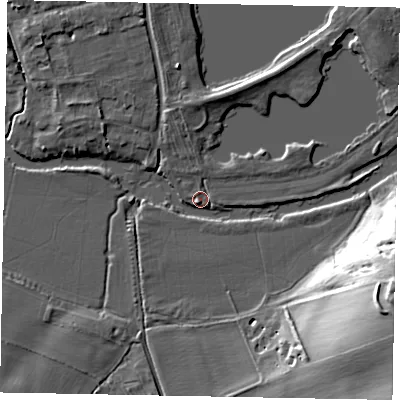 Shaded relief map of the ground around MK437DS, computed from Environment Agency LiDAR. The ground here sits at about 41 m above sea level and falls 23 m across the surrounding 800 m. Surface water reaching this point runs off ground lying to the north-west, 5.2 m higher.