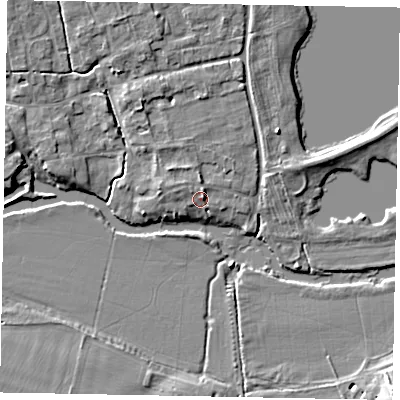Shaded relief map of the ground around MK437DU, computed from Environment Agency LiDAR. The ground here sits at about 43 m above sea level and falls 7 m across the surrounding 800 m. Surface water reaching this point runs off ground lying to the north, 2.1 m higher.