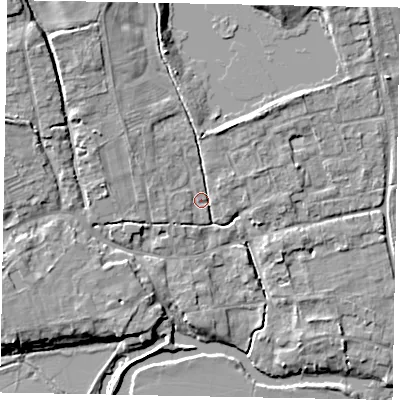 Shaded relief map of the ground around MK437FB, computed from Environment Agency LiDAR. The ground here sits at about 44 m above sea level and falls 10 m across the surrounding 800 m. Surface water reaching this point runs off ground lying to the north-north-west, 5.7 m higher.