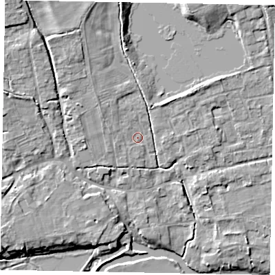 Shaded relief map of the ground around MK437FR, computed from Environment Agency LiDAR. The ground here sits at about 45 m above sea level and falls 11 m across the surrounding 800 m. Surface water reaching this point runs off ground lying to the north-west, 2.5 m higher.