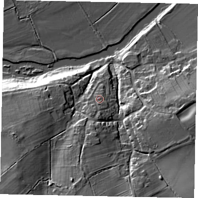 Shaded relief map of the ground around MK437HD, computed from Environment Agency LiDAR. The ground here sits at about 49 m above sea level and falls 25 m across the surrounding 800 m. Surface water reaching this point runs off ground lying to the south-south-west, 3.3 m higher.