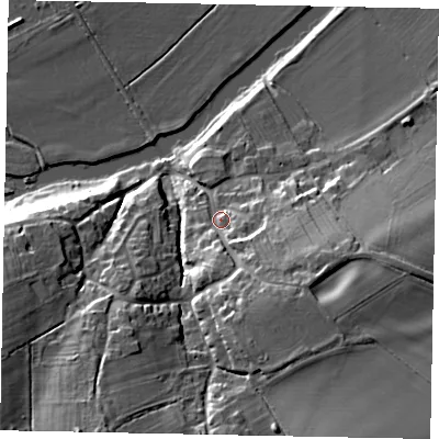 Shaded relief map of the ground around MK437HN, computed from Environment Agency LiDAR. The ground here sits at about 47 m above sea level and falls 22 m across the surrounding 800 m. Surface water reaching this point runs off ground lying to the south-east, 11.1 m higher.