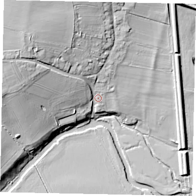 Shaded relief map of the ground around MK437HU, computed from Environment Agency LiDAR. The ground here sits at about 42 m above sea level and falls 24 m across the surrounding 800 m. Surface water reaching this point runs off ground lying to the north-west, 18.3 m higher.
