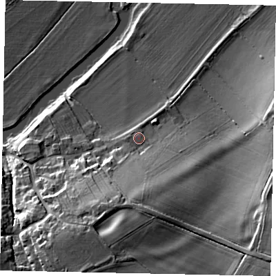 Shaded relief map of the ground around MK437JD, computed from Environment Agency LiDAR. The ground here sits at about 45 m above sea level and falls 20 m across the surrounding 800 m. Surface water reaching this point runs off ground lying to the south, 11.0 m higher.