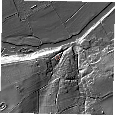 Shaded relief map of the ground around MK437JQ, computed from Environment Agency LiDAR. The ground here sits at about 47 m above sea level and falls 24 m across the surrounding 800 m. Surface water reaching this point runs off ground lying to the south-west, 18.6 m higher.