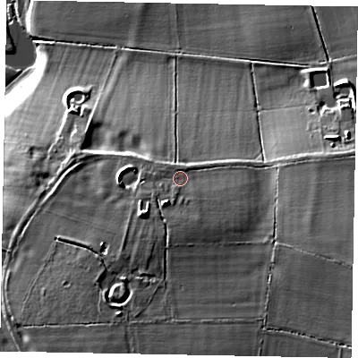 Shaded relief map of the ground around MK437LH, computed from Environment Agency LiDAR. The ground here sits at about 61 m above sea level and falls 26 m across the surrounding 800 m. Surface water reaching this point runs off ground lying to the south-south-west, 4.7 m higher.
