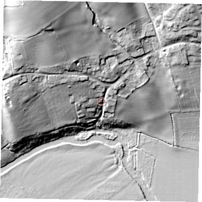 Shaded relief map of the ground around MK437NL, computed from Environment Agency LiDAR. The ground here sits at about 45 m above sea level and falls 42 m across the surrounding 800 m. Surface water reaching this point runs off ground lying to the north-north-west, 32.0 m higher.