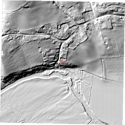 Shaded relief map of the ground around MK437NN, computed from Environment Agency LiDAR. The ground here sits at about 40 m above sea level and falls 38 m across the surrounding 800 m. Surface water reaching this point runs off ground lying to the north-north-east, 10.5 m higher.