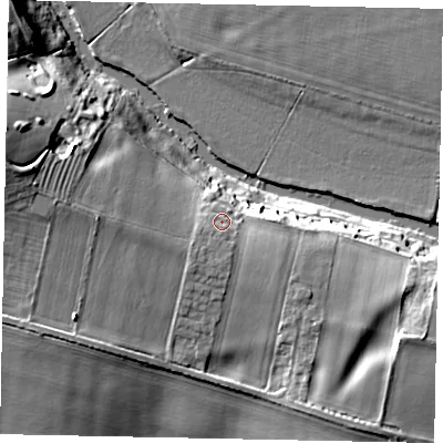 Shaded relief map of the ground around MK437PN, computed from Environment Agency LiDAR. The ground here sits at about 48 m above sea level and falls 21 m across the surrounding 800 m. Surface water reaching this point runs off ground lying to the south-west, 1.5 m higher.