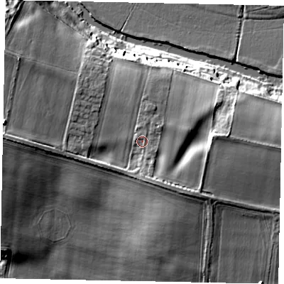 Shaded relief map of the ground around MK437PP, computed from Environment Agency LiDAR. The ground here sits at about 49 m above sea level and falls 17 m across the surrounding 800 m. Surface water reaching this point runs off ground lying to the north-east, 1.8 m higher.